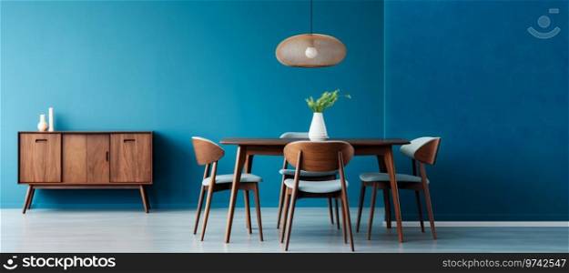 Modern Dining Room with Wooden Furniture Against Blue Wall. Generative ai. High quality illustration. Modern Dining Room with Wooden Furniture Against Blue Wall. Generative ai