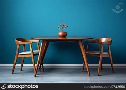 Modern Dining Room with Wooden Furniture Against Blue Wall. Generative ai. High quality illustration. Modern Dining Room with Wooden Furniture Against Blue Wall. Generative ai