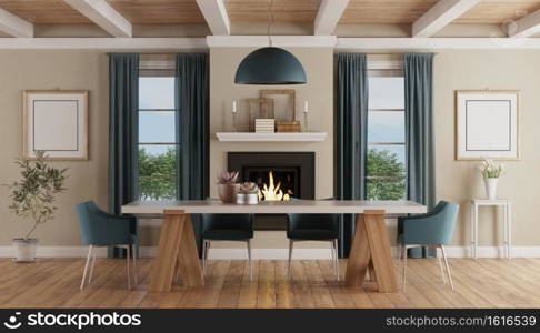 Modern dining table chairs in a claasic home interior with fireplace - 3d rendering. Modern dining table in a classic home interior with fireplace