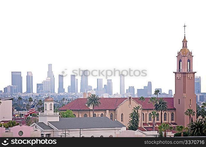 Modern downtown cityscape with church in front, Los Angeles, USA