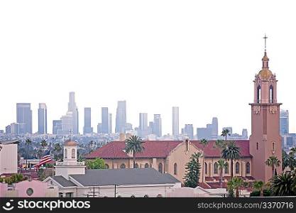 Modern downtown cityscape with church in front, Los Angeles, USA