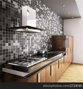 Modern ebony wood kitchen with sink,gas cooktop and hood interior 3d