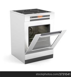 Modern electric stove with opened door on white background