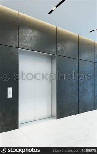 modern elevator with closed doors in office lobby, 3d rendering