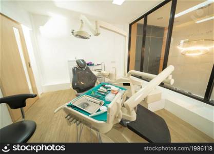 Modern empty dental room or clinic. Treatment center. Interior design. Dentistry. Medical treatment. A patient room.