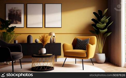 Modern∫erior design yellow armchair sofa in living room with and mock up poster frame in wall at home, lifesty≤living room design, empty nobody, 3D render by Ge≠rative AI