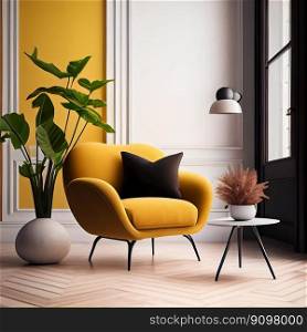 Modern∫erior design yellow armchair sofa in living room with and mock up poster frame in white wall at home, lifesty≤living room design, empty nobody, 3D render by Ge≠rative AI