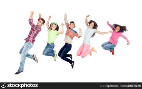 Modern family jumping isolated on a white background