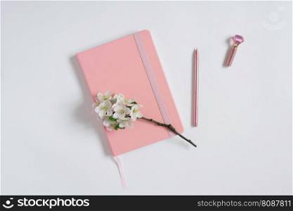Modern flat lay, hospital, pink notepad or planner with a pen and apple flowers on a white table. Best for social media, blogging