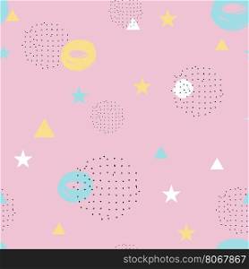 Modern flat style abstract pattern in black, pastel pink, yellow and mint green on pink background. Seamless background with circles, triangles, polka dot and other geometrical elements.