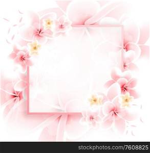 Modern floral art - pastel pink flower composition with a square paper label for wedding, Valentine&rsquo;s Day, Mother&rsquo;s Day, sales and other events