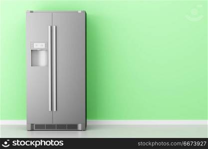 modern fridge in front of green wall. 3d illustration