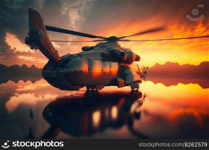 Modern futuristic army helicopter transport in city center. Neural network AI generated art. Modern futuristic army helicopter transport in city center. Neural network generated art