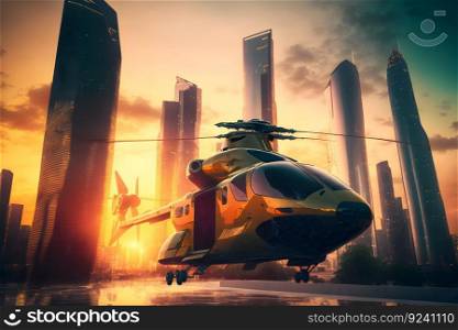 Modern futuristic army helicopter transport in city center. Neural network AI generated art. Modern futuristic army helicopter transport in city center. Neural network generated art