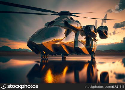 Modern futuristic army helicopter transport in city center. Neural network AI generated art. Modern futuristic army helicopter transport in city center. Neural network generated art