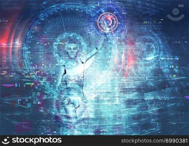 Modern futuristic background with robot, cyborg and digital interface design, 3d illustration.