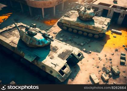 Modern futuristic battle tank with turret and cannon in city center. Neural network AI generated art. Modern futuristic battle tank with turret and cannon in city center. Neural network generated art