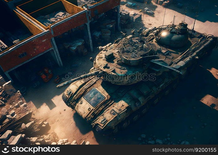 Modern futuristic battle tank with turret and cannon in city center. Neural network AI generated art. Modern futuristic battle tank with turret and cannon in city center. Neural network generated art