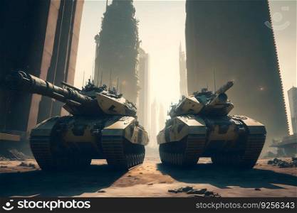 Modern futuristic battle tank with turret and cannon in city center. Neural network AI generated art. Modern futuristic battle tank with turret and cannon in city center. Neural network generated art