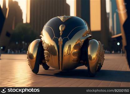 Modern futuristic car with bettle design in city center. Neural network AI generated art. Modern futuristic car with bettle design in city center. Neural network generated art