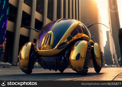 Modern futuristic car with bettle design in city center. Neural network AI generated art. Modern futuristic car with bettle design in city center. Neural network generated art