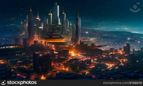 modern futuristic city, night glowing cityscape 
 generative ai.