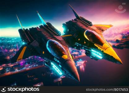 Modern futuristic destroyer jet in neon glowing light. Neural network AI generated art. Modern futuristic destroyer jet in neon glowing light. Neural network generated art