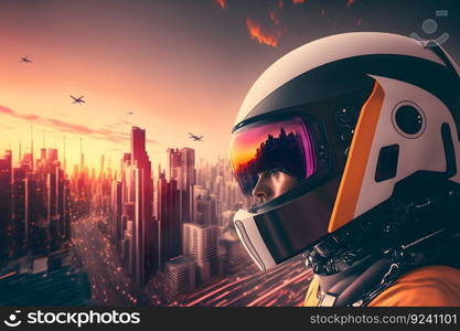 Modern futuristic destroyer jet pilot in helmet. Neural network AI generated art. Modern futuristic destroyer jet pilot in helmet. Neural network generated art