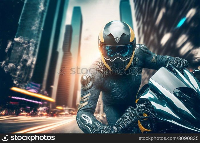 Modern futuristic fast sport bike with biker in city center. Neural network AI generated art. Modern futuristic fast sport bike with biker in city center. Neural network generated art