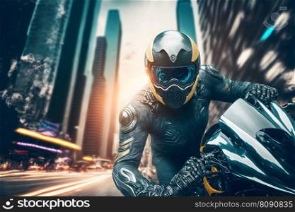 Modern futuristic fast sport bike with biker in city center. Neural network AI generated art. Modern futuristic fast sport bike with biker in city center. Neural network generated art