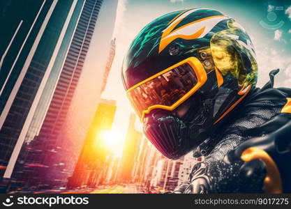 Modern futuristic fast sport bike with biker in city center. Neural network AI generated art. Modern futuristic fast sport bike with biker in city center. Neural network generated art