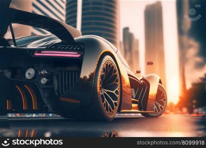 Modern futuristic fast sport car in city center. Neural network AI generated art. Modern futuristic fast sport car in city center. Neural network generated art