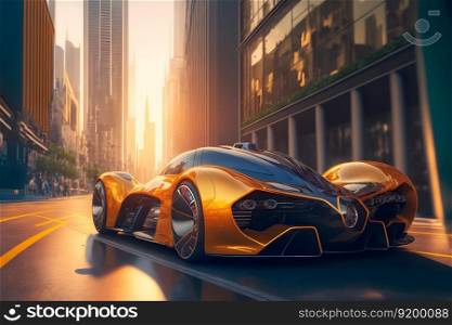 Modern futuristic fast sport car in city center. Neural network AI generated art. Modern futuristic fast sport car in city center. Neural network generated art