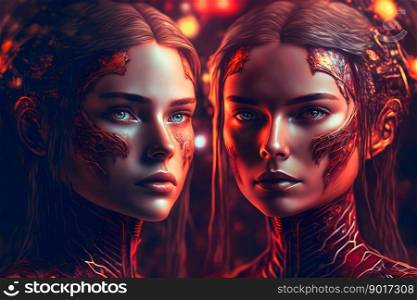 Modern futuristic female humanoid robot portrait with technology details on face. Neural network AI generated art. Modern futuristic female humanoid robot portrait with technology details on face. Neural network generated art