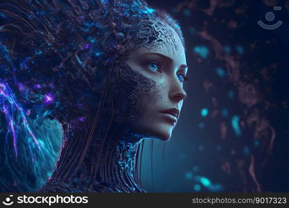 Modern futuristic female humanoid robot portrait with technology details on face. Neural network AI generated art. Modern futuristic female humanoid robot portrait with technology details on face. Neural network generated art