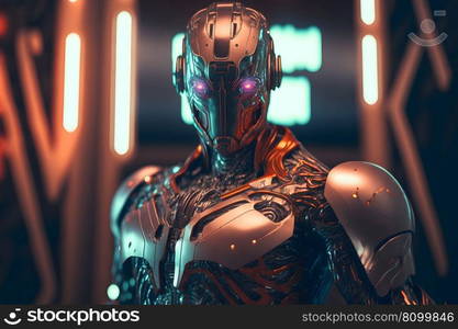 Modern futuristic male humanoid robot with metal outfit. Neural network AI generated art. Modern futuristic male humanoid robot with metal outfit. Neural network generated art