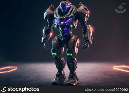 Modern futuristic male humanoid robot with metal outfit. Neural network AI generated art. Modern futuristic male humanoid robot with metal outfit. Neural network generated art