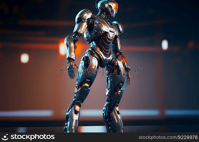 Modern futuristic male humanoid robot with metal outfit. Neural network AI generated art. Modern futuristic male humanoid robot with metal outfit. Neural network generated art