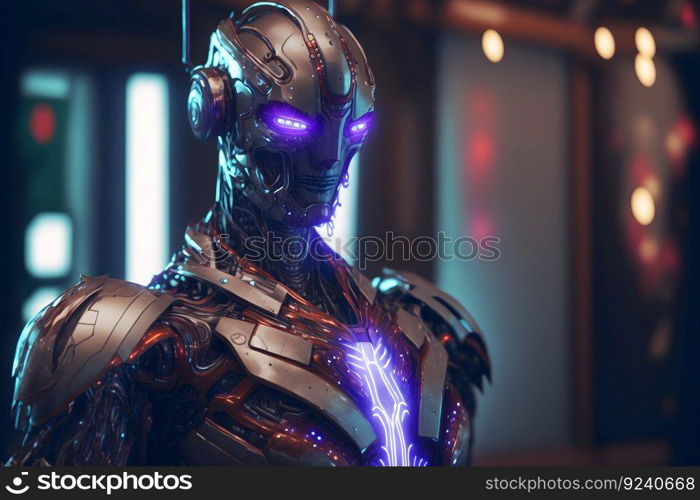 Modern futuristic male humanoid robot with metal outfit. Neural network AI generated art. Modern futuristic male humanoid robot with metal outfit. Neural network generated art