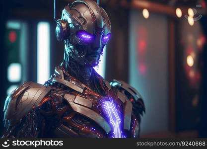 Modern futuristic male humanoid robot with metal outfit. Neural network AI generated art. Modern futuristic male humanoid robot with metal outfit. Neural network generated art