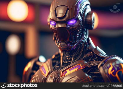 Modern futuristic male humanoid robot with metal outfit. Neural network AI generated art. Modern futuristic male humanoid robot with metal outfit. Neural network generated art