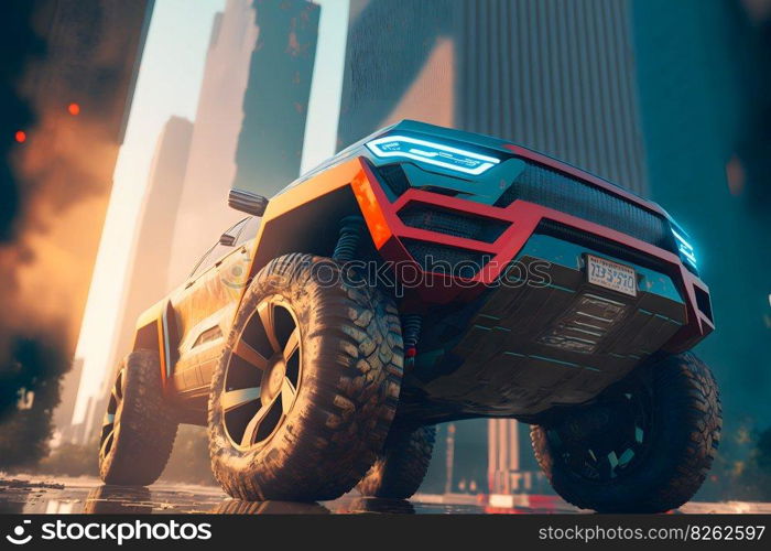 Modern futuristic off-road SUV car in city center. Neural network AI generated art. Modern futuristic off-road SUV car in city center. Neural network generated art