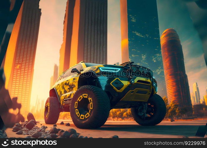 Modern futuristic off-road SUV car in city center. Neural network AI generated art. Modern futuristic off-road SUV car in city center. Neural network generated art