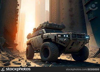 Modern futuristic off-road SUV car with turret in city center. Neural network AI generated art. Modern futuristic off-road SUV car with turret in city center. Neural network generated art