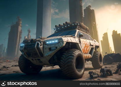 Modern futuristic off-road SUV car with turret in city center. Neural network AI generated art. Modern futuristic off-road SUV car with turret in city center. Neural network generated art