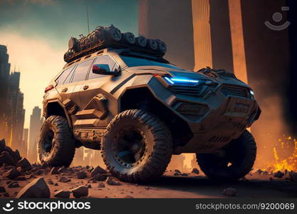 Modern futuristic off-road SUV car with turret in city center. Neural network AI generated art. Modern futuristic off-road SUV car with turret in city center. Neural network generated art
