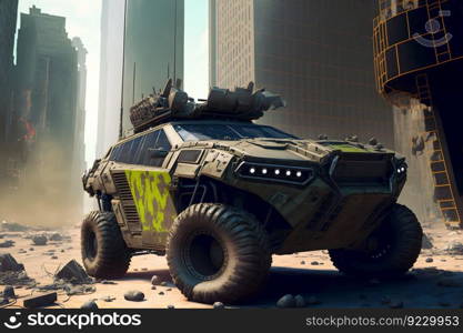 Modern futuristic off-road SUV car with turret in city center. Neural network AI generated art. Modern futuristic off-road SUV car with turret in city center. Neural network generated art