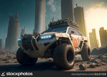 Modern futuristic off-road SUV car with turret in city center. Neural network AI generated art. Modern futuristic off-road SUV car with turret in city center. Neural network generated art