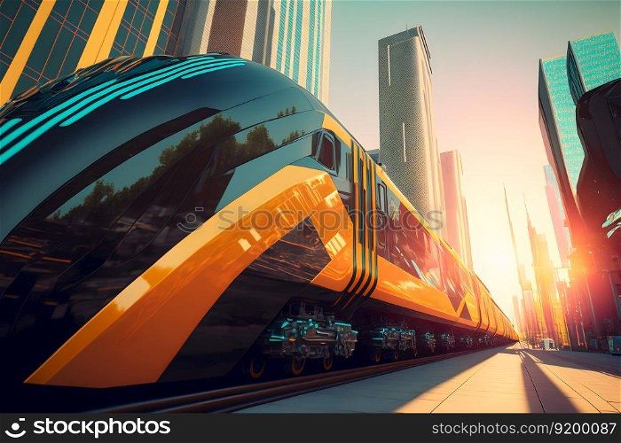 Modern futuristic passenger train in city center. Neural network AI generated art. Modern futuristic passenger train in city center. Neural network generated art