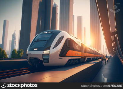 Modern futuristic passenger train in city center. Neural network AI generated art. Modern futuristic passenger train in city center. Neural network generated art